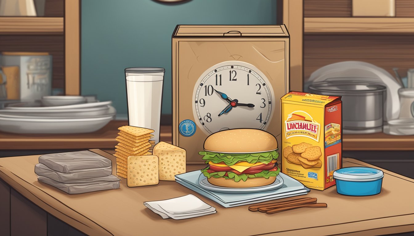 A Lunchables package sits open on a table, with crackers, cheese, and meat neatly arranged inside. A clock on the wall shows the passage of time