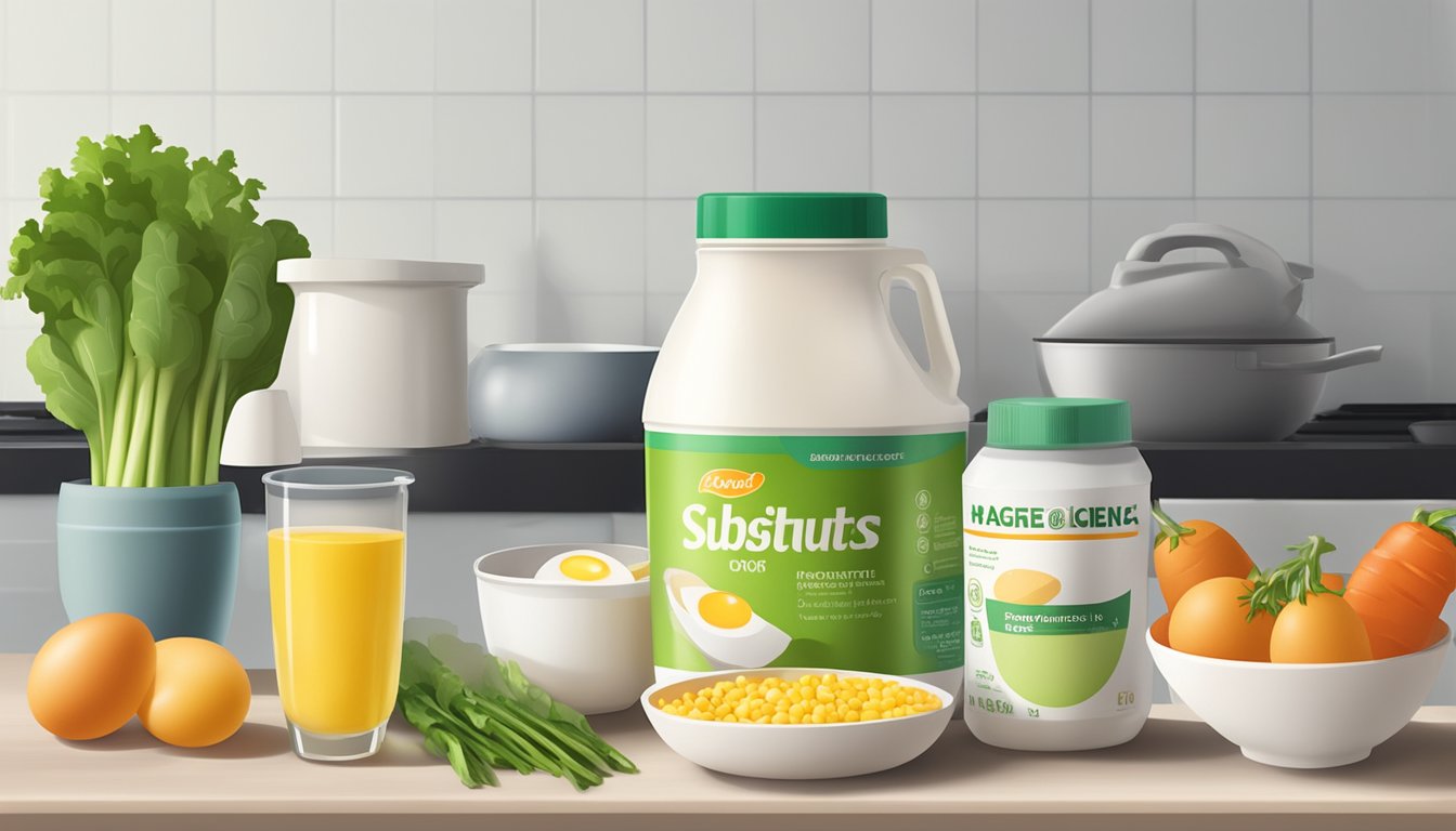 A carton of liquid egg substitutes sits on a kitchen counter, next to a measuring cup and a bowl of fresh vegetables