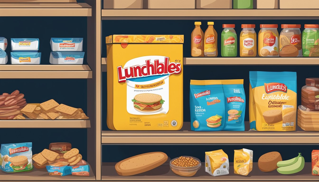 A Lunchables package sits on a shelf in a pantry, surrounded by other snacks and food items. The expiration date is clearly visible on the packaging