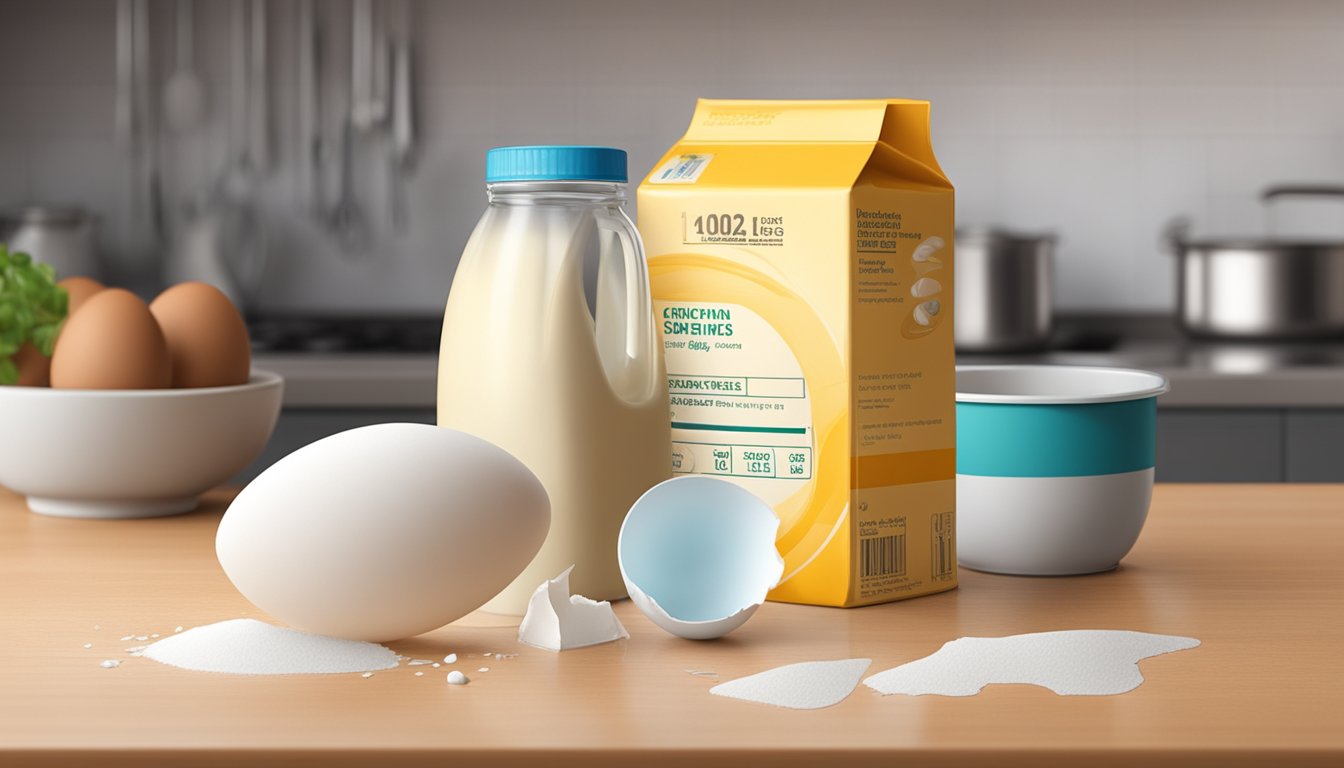 A carton of liquid egg substitute sits on a kitchen counter, next to a cracked eggshell and a measuring cup. The expiration date is visible on the carton