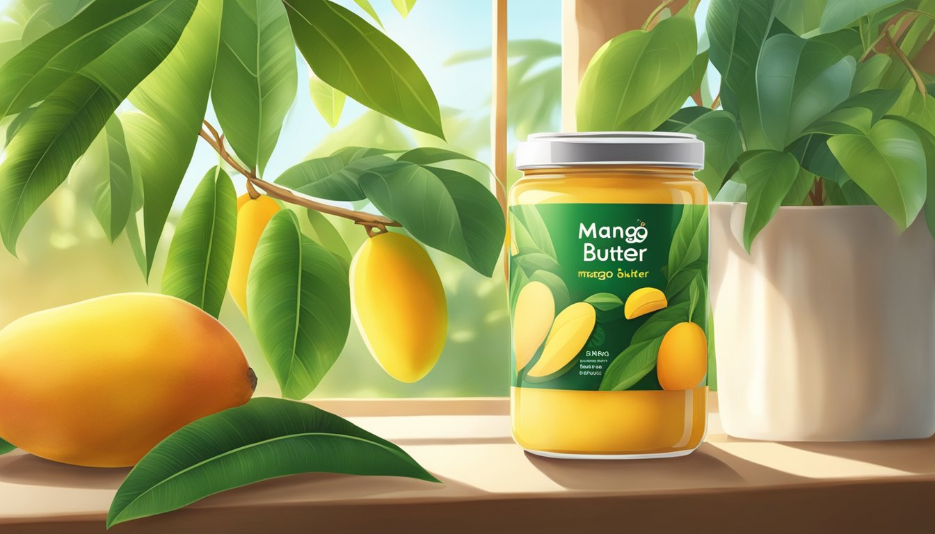 A jar of mango butter sits on a shelf, surrounded by fresh mangoes and green leaves. The sunlight streams in, casting a warm glow over the scene