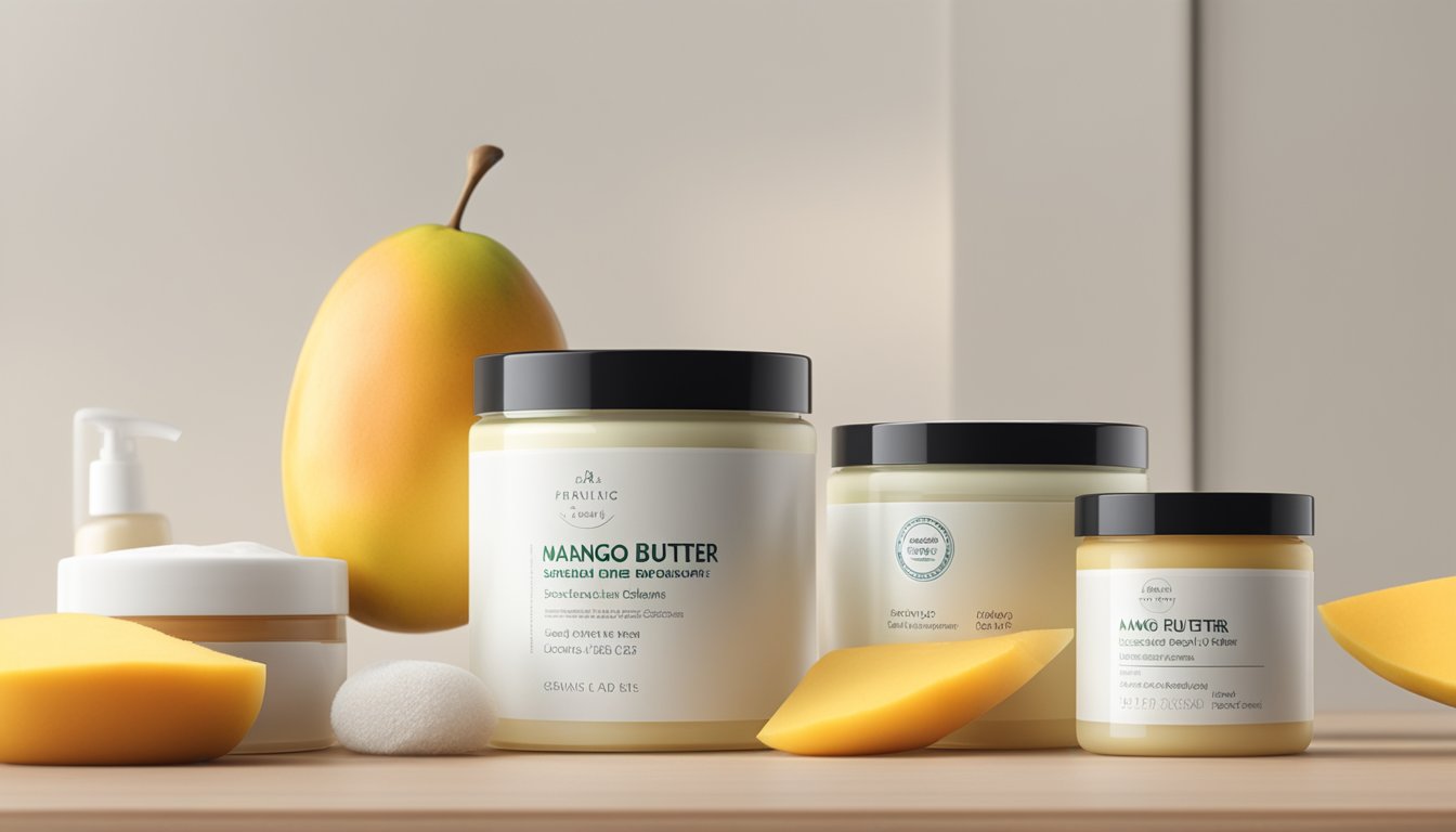 A jar of mango butter sits on a clean, well-lit shelf next to other skincare products. The label indicates the expiration date and shelf life