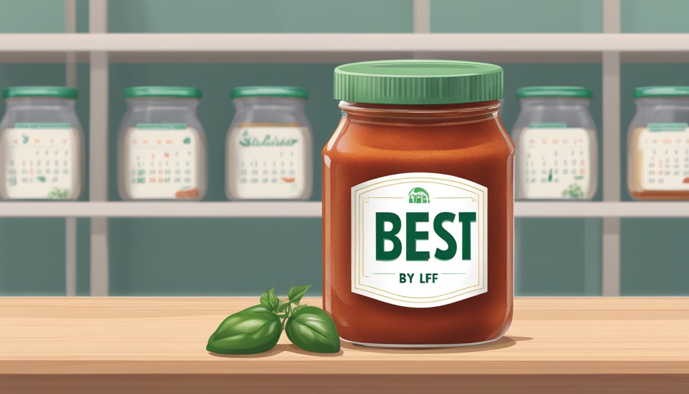 A jar of marinara sauce sits on a shelf with a "best by" date label. A calendar shows the current date, emphasizing the concept of shelf life