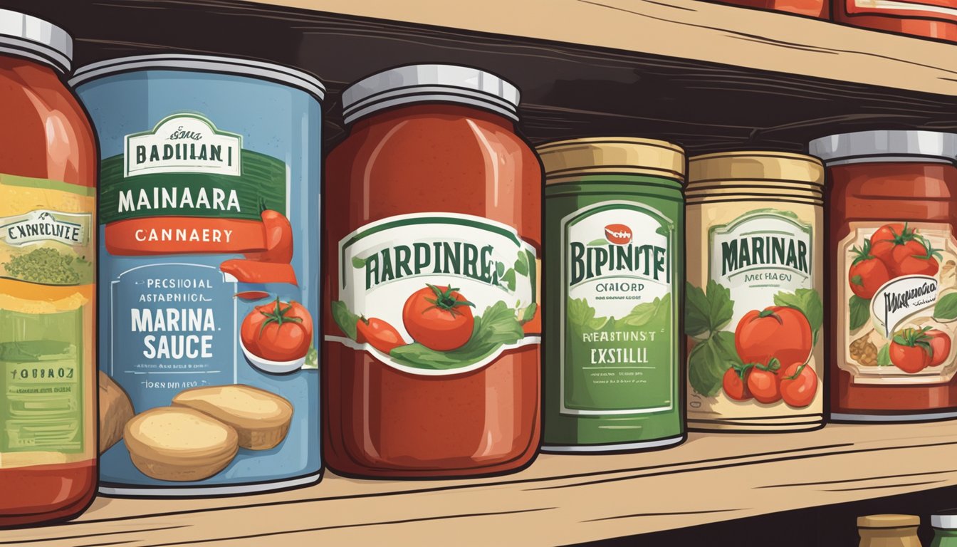 A jar of marinara sauce sits on a shelf next to other canned goods in a pantry, with a label indicating the expiration date