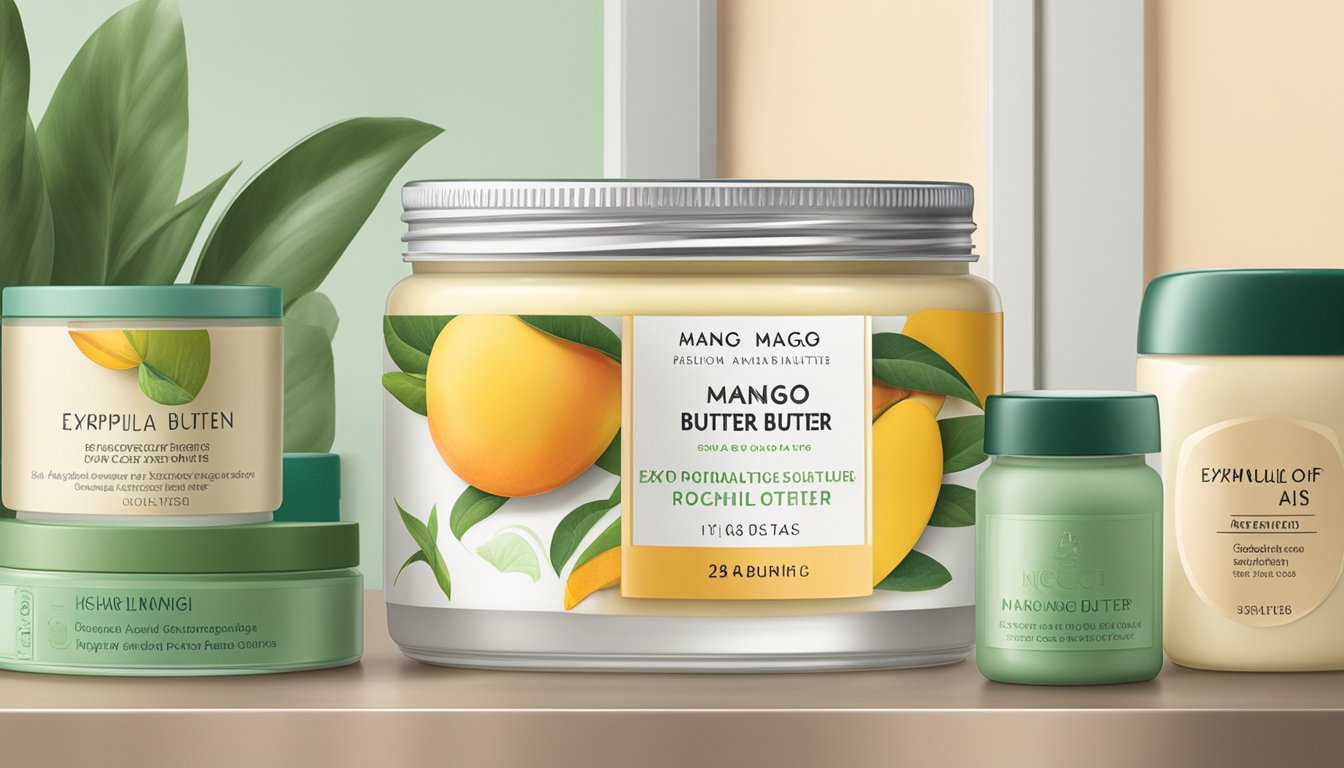 A jar of mango butter sits on a shelf, surrounded by other skincare products. The label indicates the expiration date, and the jar appears unopened and well-preserved