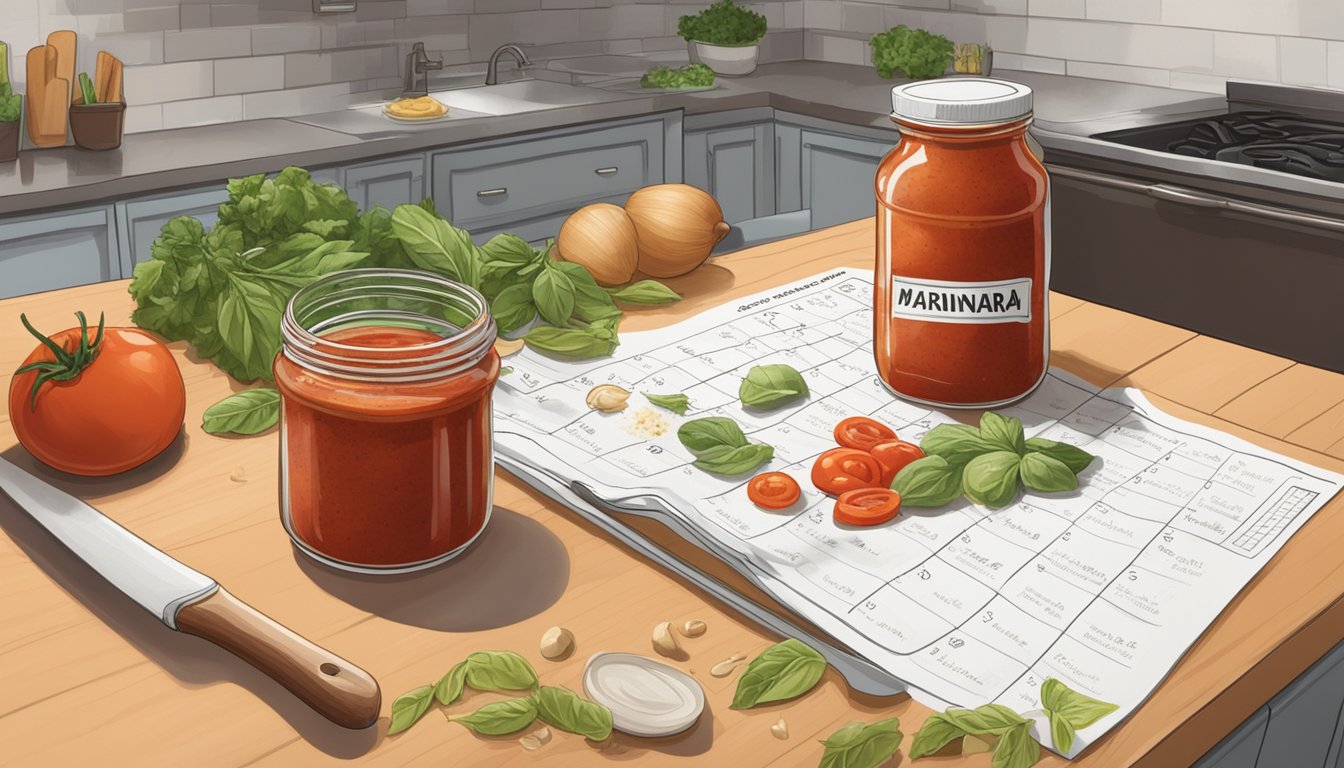 A jar of marinara sauce sits on a kitchen counter, surrounded by various ingredients and a calendar. The sauce has started to develop mold, indicating spoilage