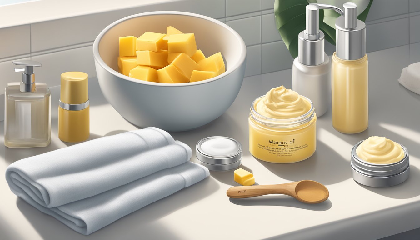 A jar of mango butter sits on a bathroom counter, surrounded by various skincare products. The lid is open, and a small amount of butter has been scooped out with a spoon