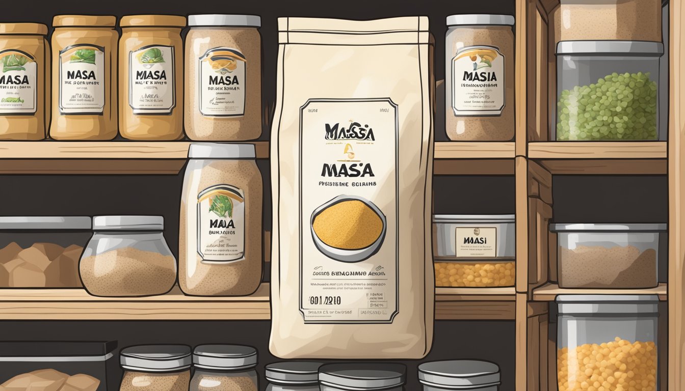 A sealed bag of masa harina on a pantry shelf with a "best by" date visible