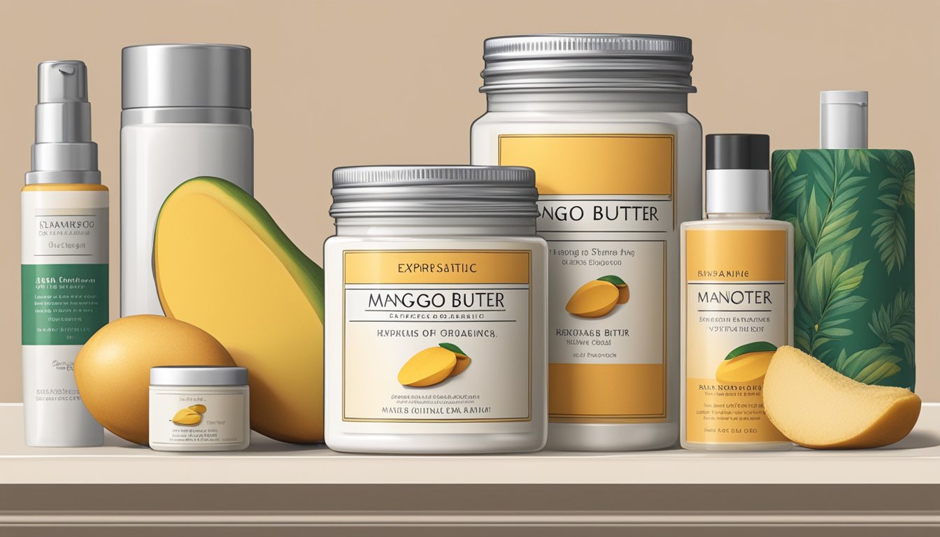 A jar of mango butter sits on a shelf, surrounded by other skincare products. The label indicates the expiration date, adding a sense of urgency to the purchase decision