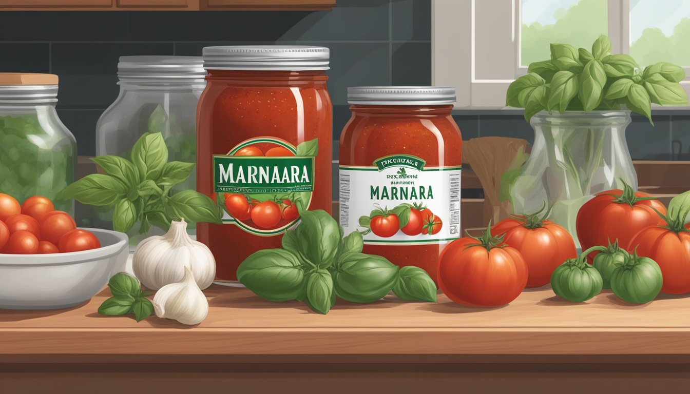 A jar of marinara sauce sits on a kitchen counter, surrounded by fresh tomatoes, basil, and garlic. The label indicates the different varieties and their respective shelf lives