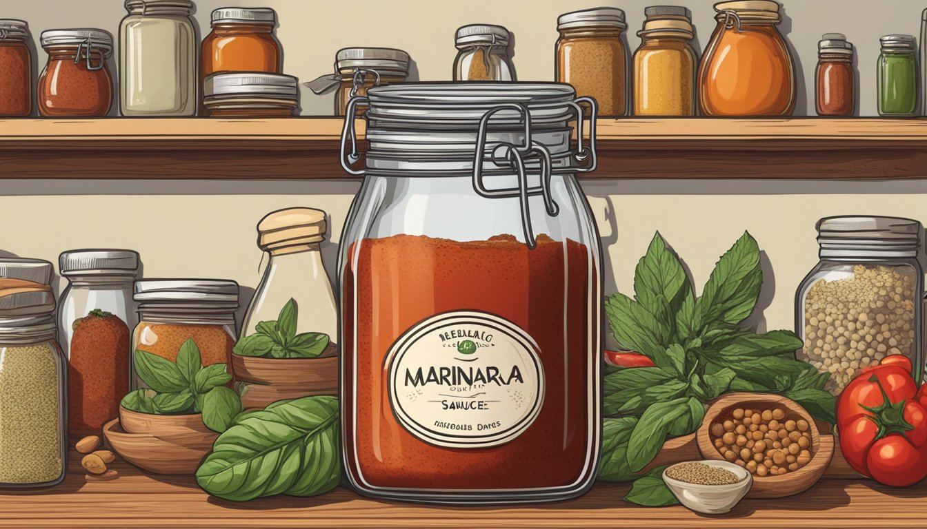 A glass jar of marinara sauce sits on a kitchen shelf, surrounded by various spices and ingredients. The label indicates the expiration date