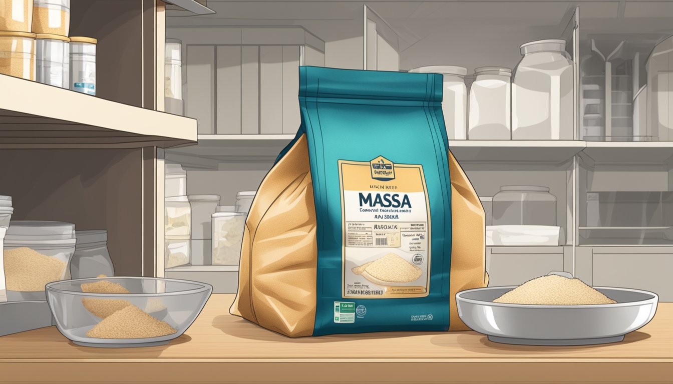 A sealed bag of masa harina stored in a cool, dry pantry with a clearly labeled expiration date