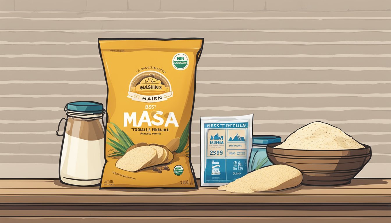 A bag of masa harina sits on a shelf with a "best by" date label. A few spoiled tortillas are shown next to it