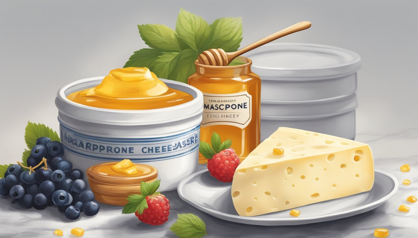 A container of mascarpone cheese sits on a marble countertop, surrounded by fresh berries and a small dish of honey. The cheese looks creamy and rich, with a smooth texture