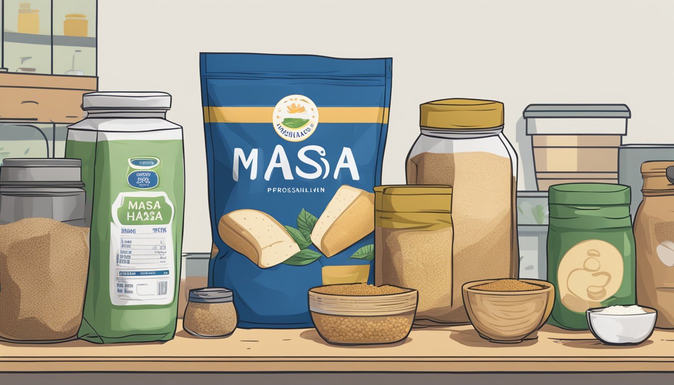 A bag of masa harina sits on a shelf, surrounded by other pantry items. The packaging is unopened, and the expiration date is still far off