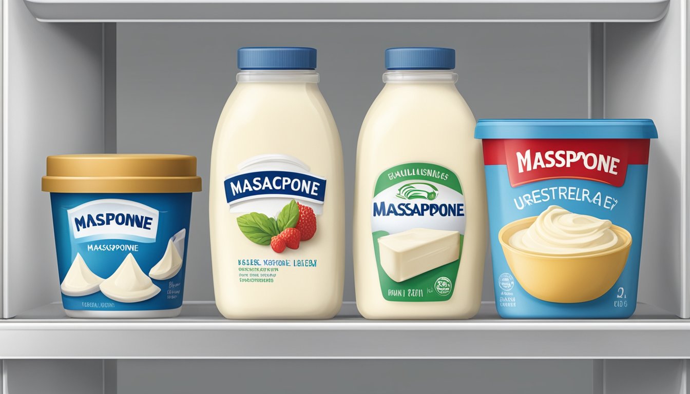 A sealed container of mascarpone sits in a refrigerator next to other dairy products. The container is labeled with a "use by" date