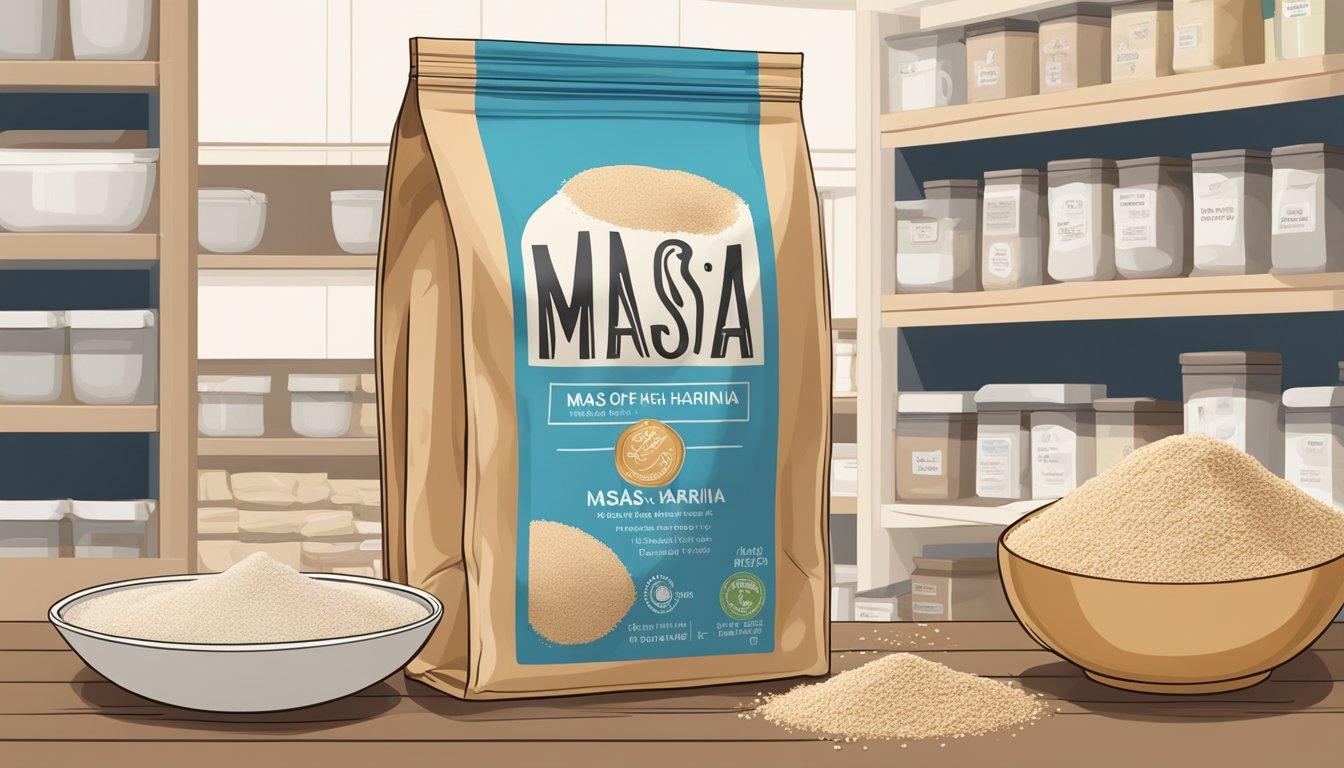 A bag of masa harina sits on a pantry shelf, surrounded by other dry ingredients. The packaging is unopened and the expiration date is clearly visible