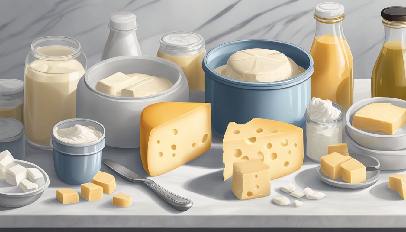 A wheel of mascarpone cheese sits on a marble countertop, surrounded by a few open containers of dairy products. The cheese appears to be slightly discolored and has a faint sour smell