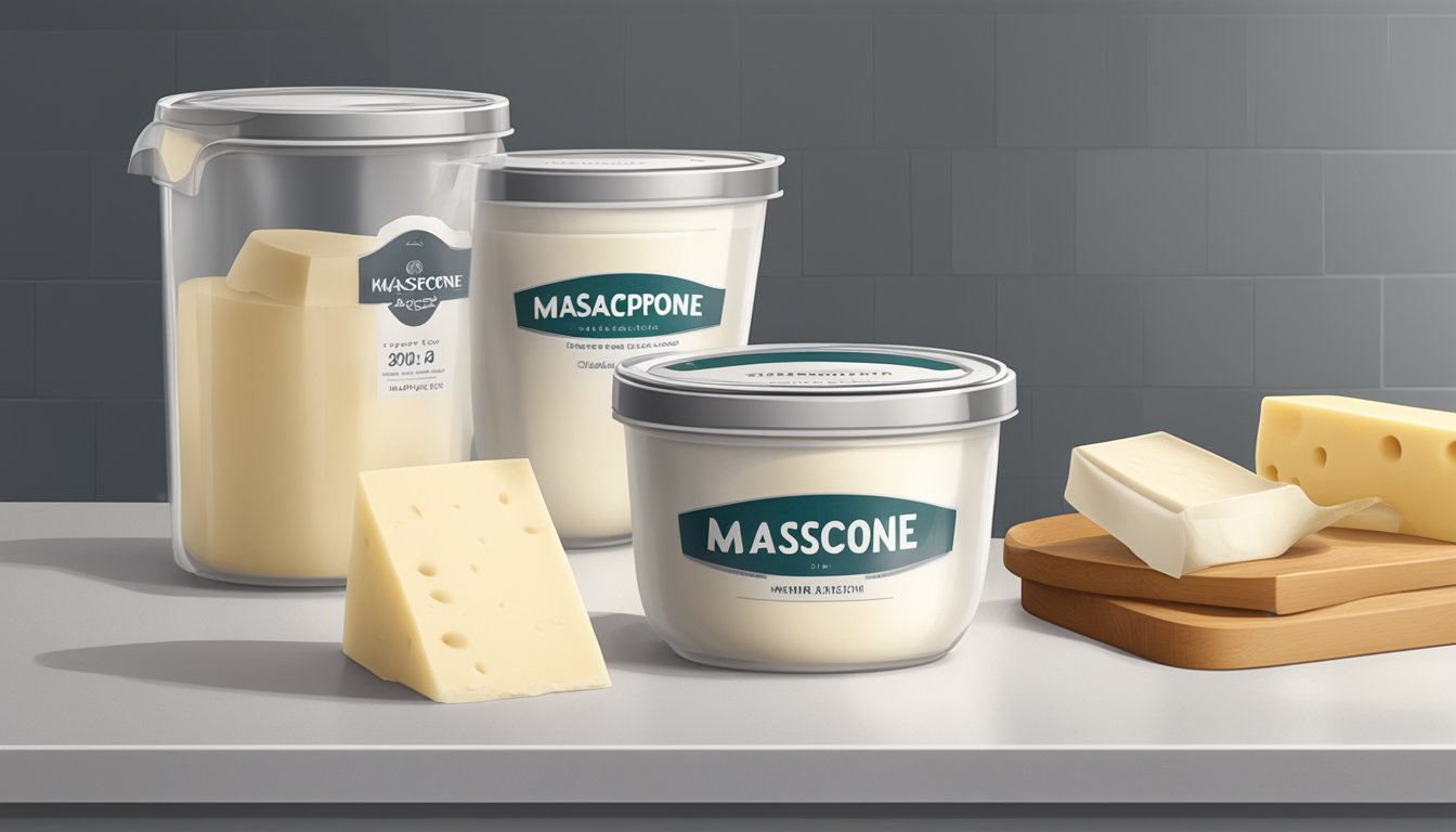 A container of mascarpone cheese sits on a clean, organized kitchen counter, with a visible expiration date