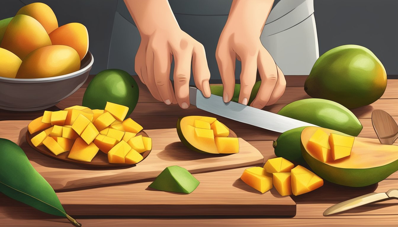 A ripe mango sits on a wooden cutting board next to a knife and a bowl of diced mango pieces. A chef's hand reaches for a fresh mango from a pile on the counter