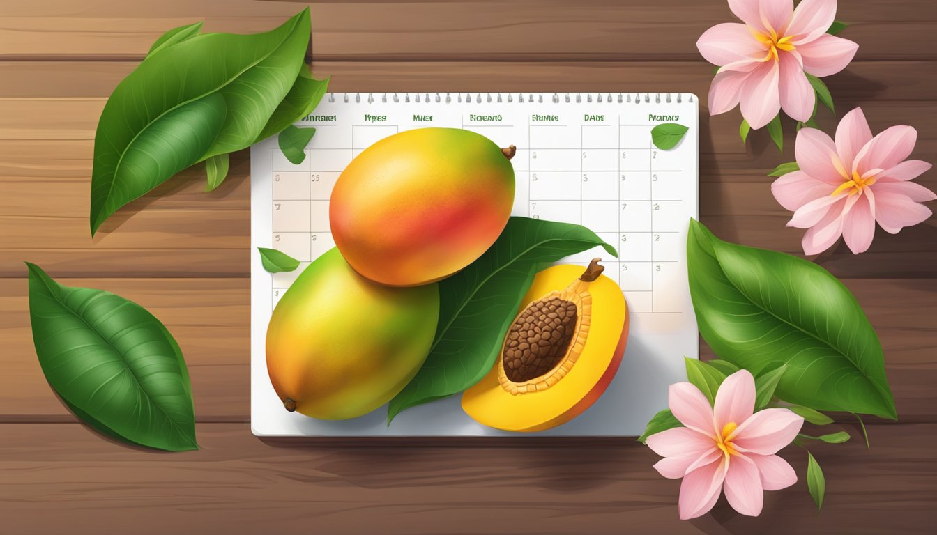 A ripe mango sits on a wooden cutting board, surrounded by vibrant green leaves and a few fallen petals. A calendar on the wall shows the date