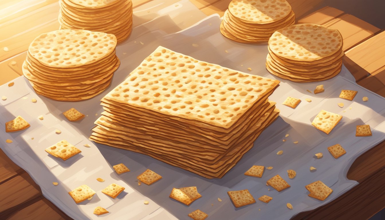 A stack of matzo sits on a wooden table, surrounded by a few scattered crumbs. The sunlight streams in through a nearby window, casting a warm glow on the unleavened bread