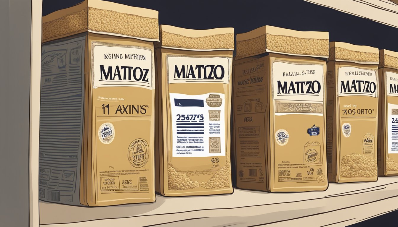 A package of matzo sits on a kitchen shelf, surrounded by other pantry items. The expiration date on the packaging is visible