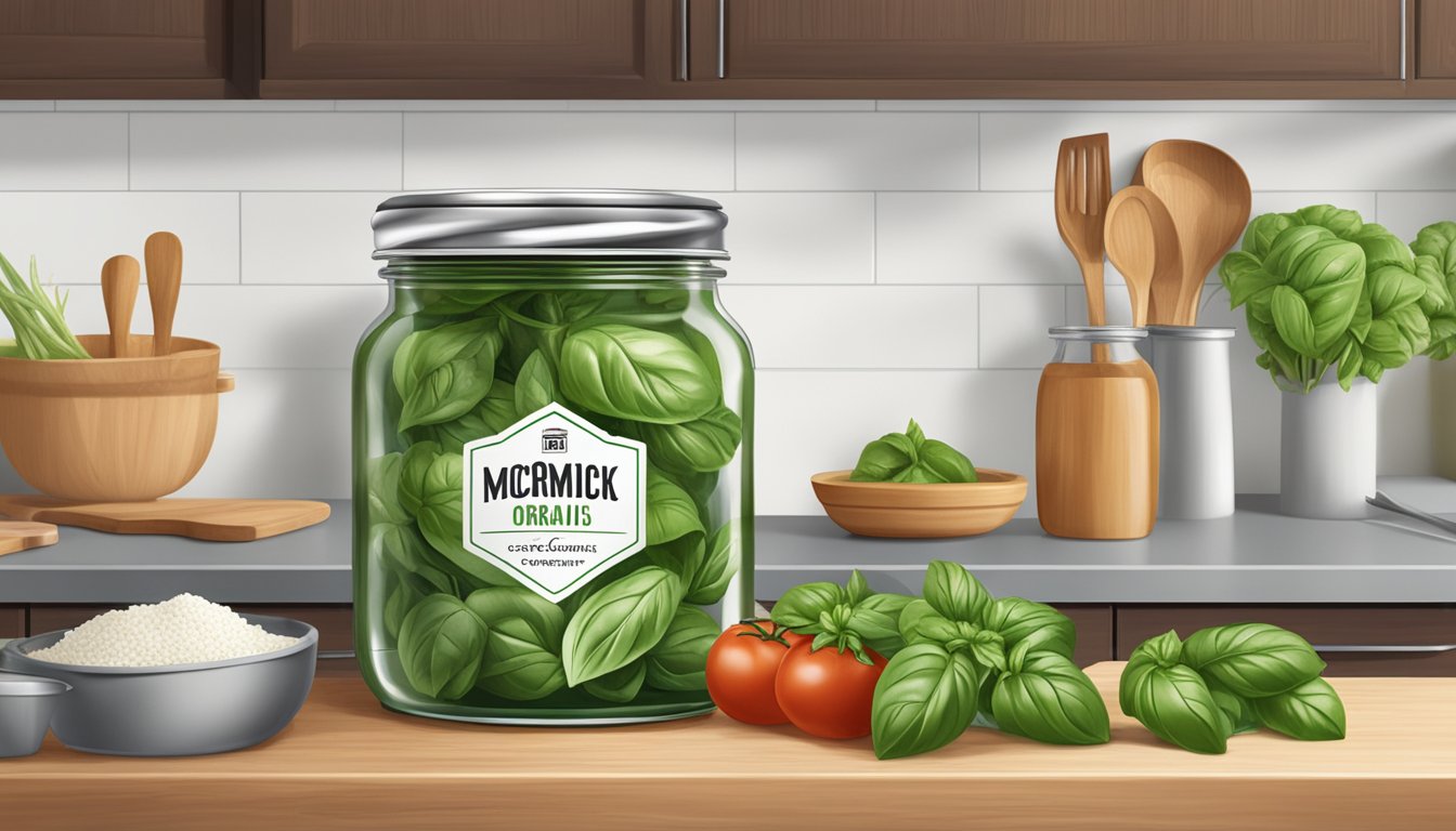 A jar of McCormick Gourmet Organic Basil sits on a kitchen counter, surrounded by fresh ingredients and cooking utensils