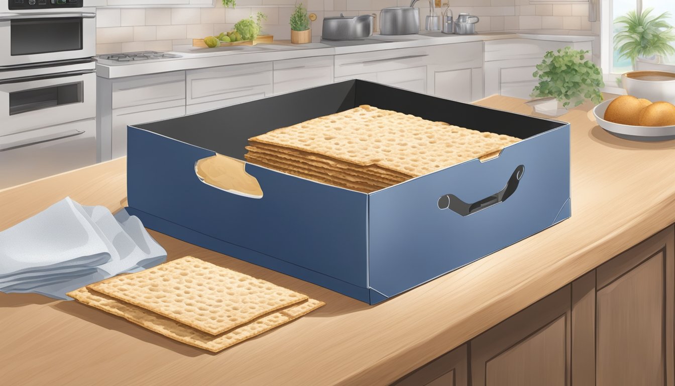 A box of matzo left open on a kitchen counter, with visible signs of mold and discoloration on the edges