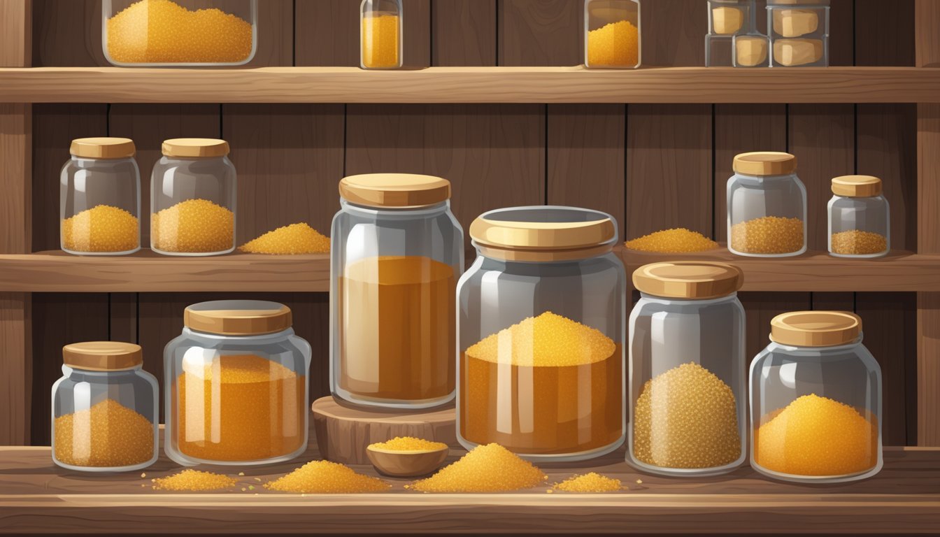 A glass jar filled with golden maple sugar sits on a rustic wooden shelf, surrounded by jars of various sizes and shapes filled with different types of sweeteners