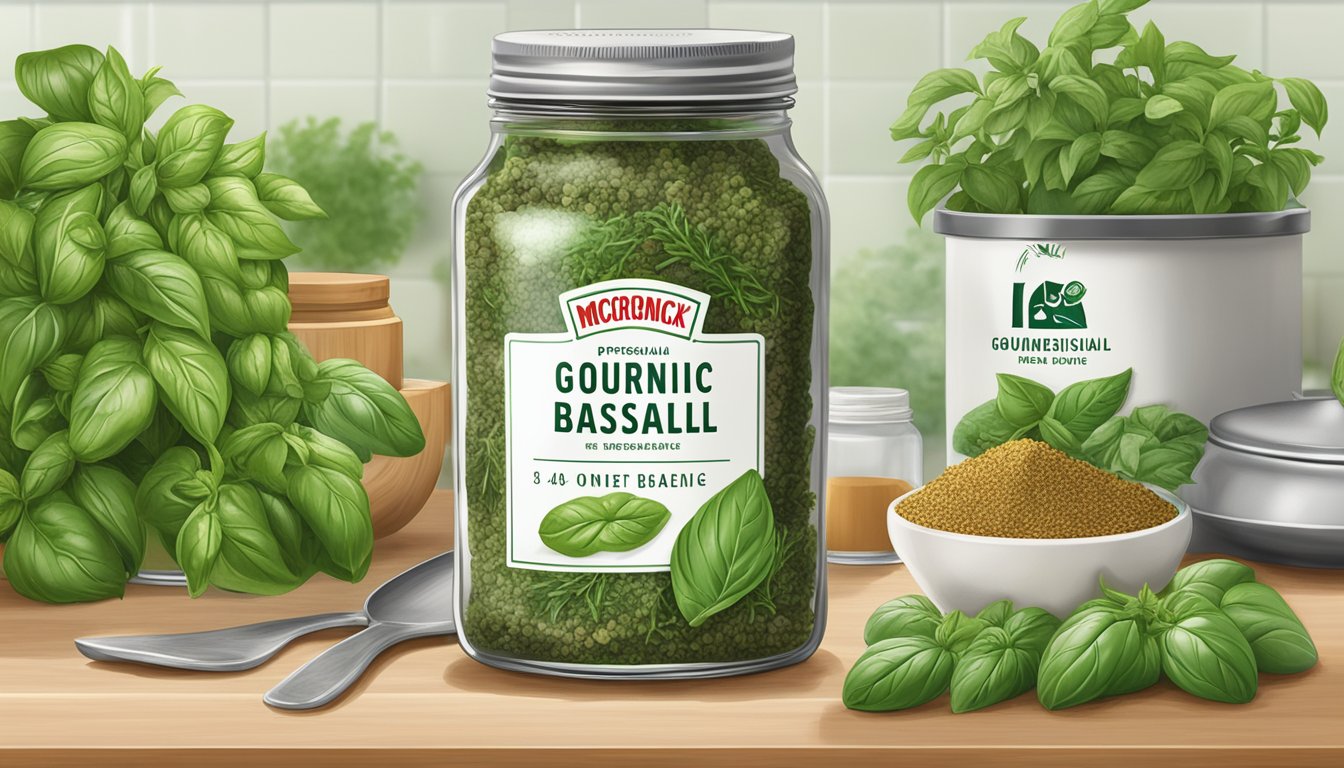 A jar of McCormick Gourmet Organic Basil sits on a kitchen counter, surrounded by fresh herbs and spices