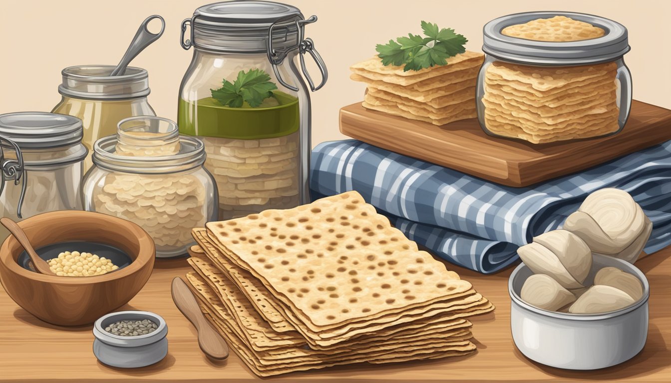 A stack of matzo sits on a wooden cutting board, surrounded by jars of preserved ingredients and cooking utensils