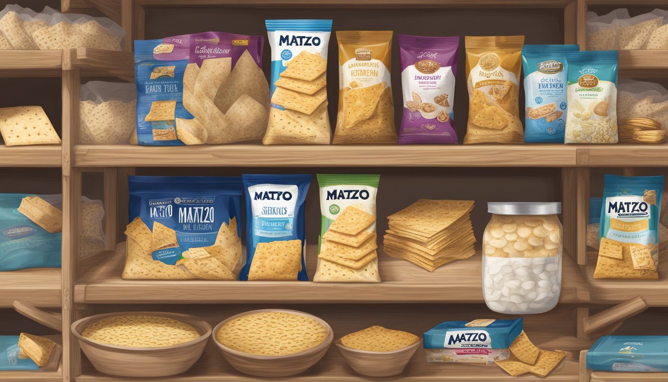 A sealed package of matzo sitting on a kitchen shelf, surrounded by other dry goods