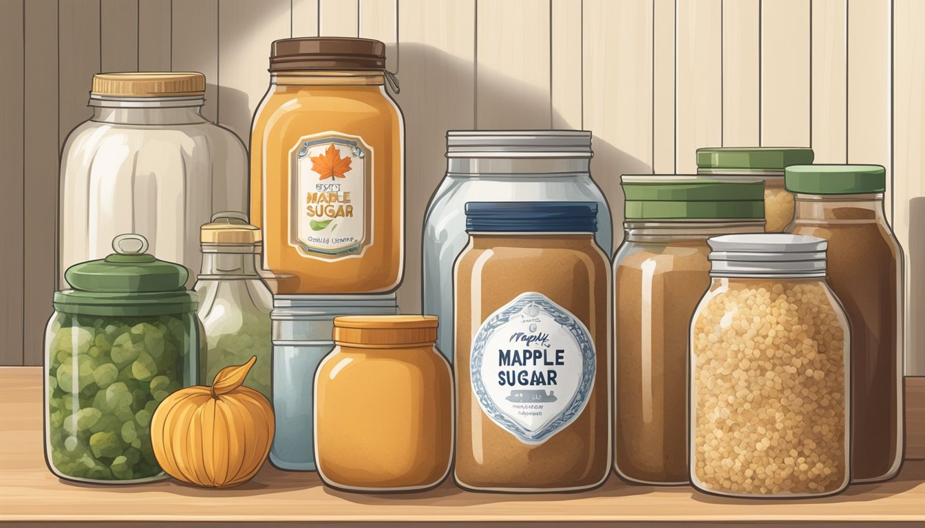 A jar of maple sugar sits on a kitchen shelf, surrounded by other pantry items. The label on the jar indicates the date it was opened