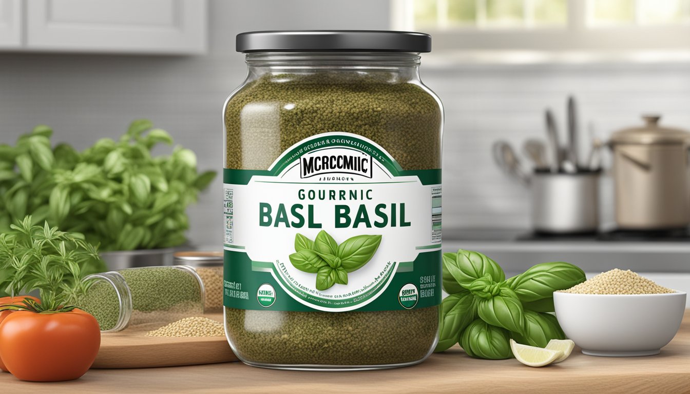 A glass jar of McCormick Gourmet Organic Basil sits on a kitchen counter, surrounded by fresh herbs and spices. The label indicates it is a new, unopened container