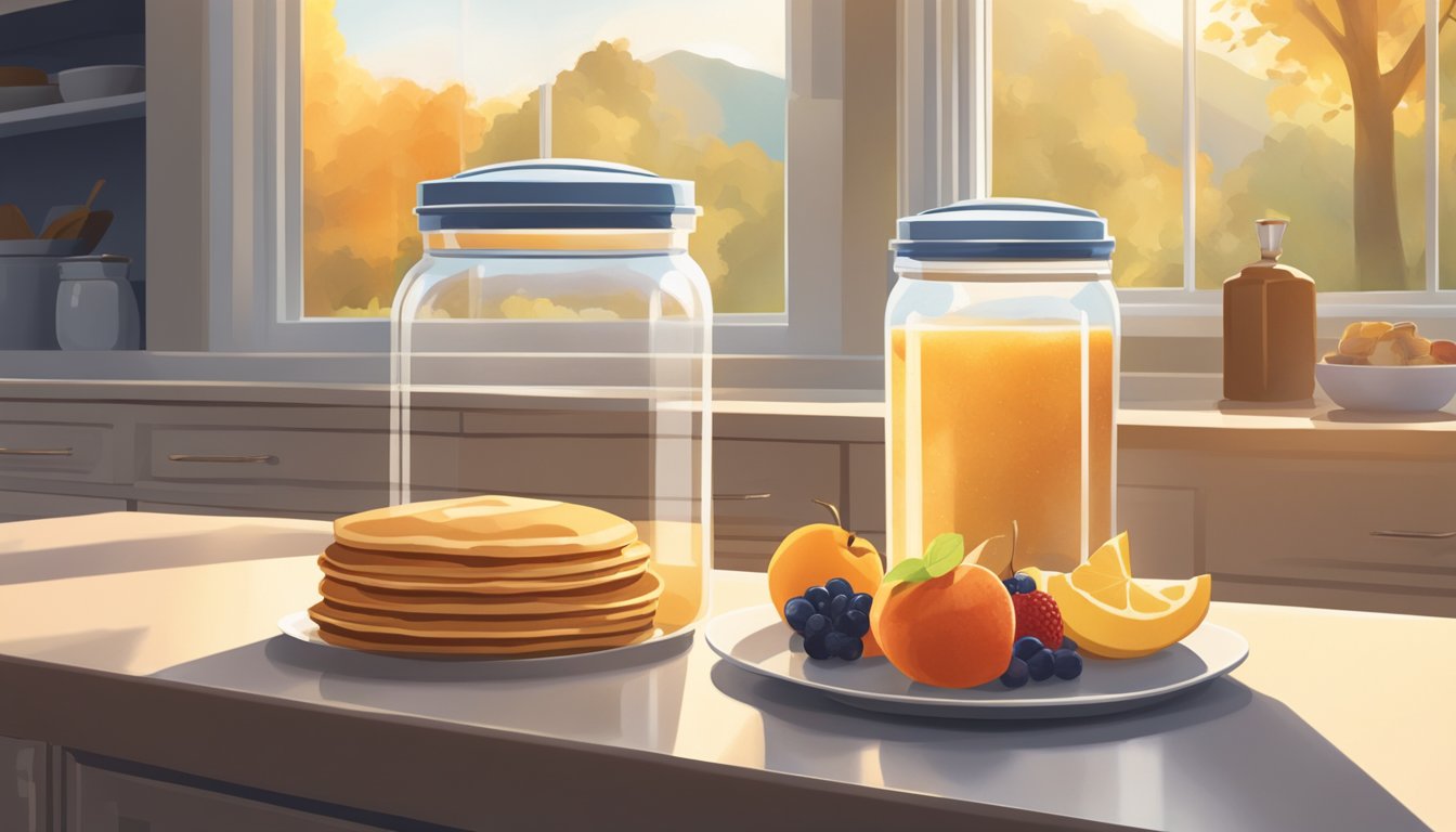 A jar of maple sugar sits on a kitchen counter, next to a stack of pancakes and a bowl of fresh fruit. The morning sunlight streams in through the window, casting a warm glow on the scene