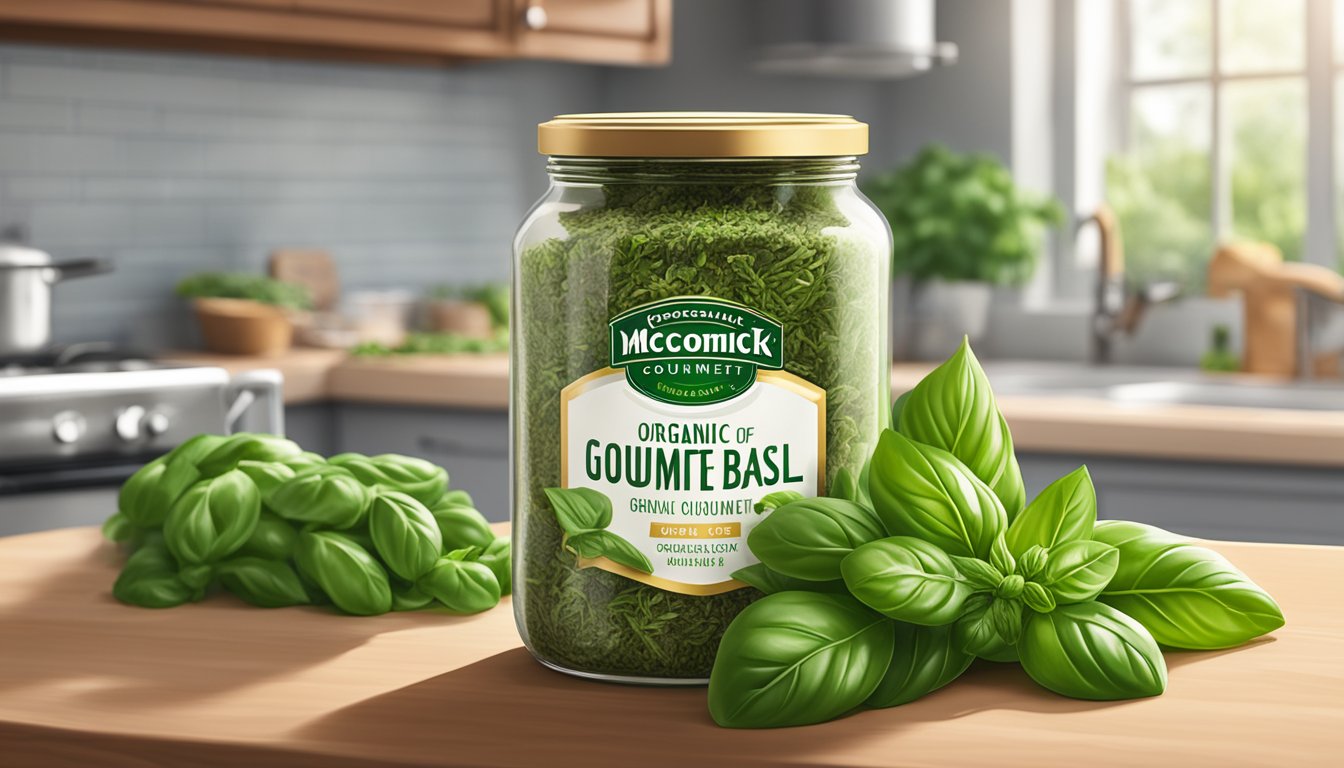 A jar of McCormick Gourmet Organic Basil sits on a kitchen countertop, surrounded by fresh herbs and spices. The sunlight streaming through the window highlights the vibrant green color of the basil leaves