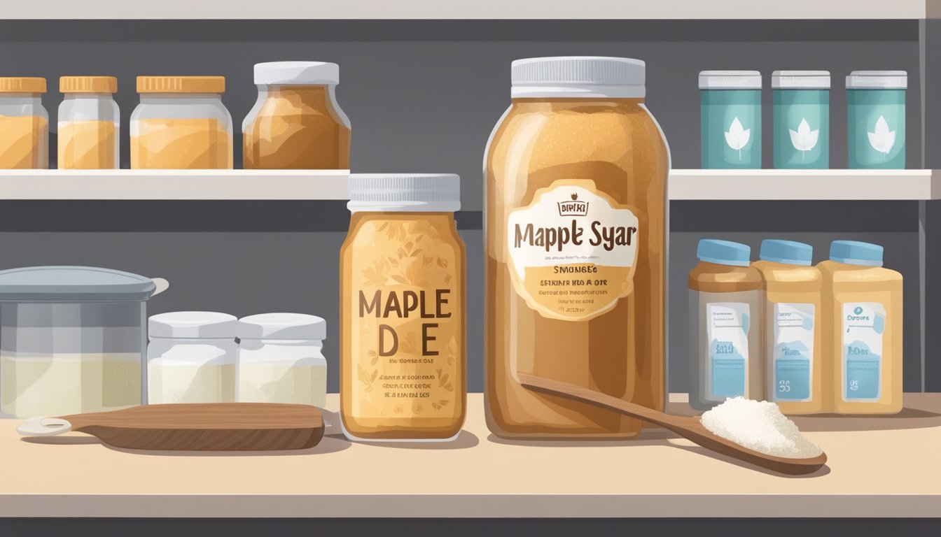 A jar of maple sugar sits on a kitchen shelf, next to other sweeteners. The label shows the expiration date, and a measuring spoon rests on the counter