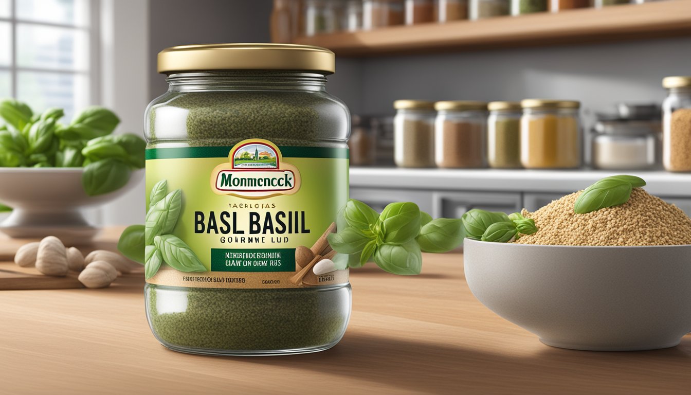 A jar of McCormick Gourmet Organic Basil sits next to other spices, with a label indicating the expiration date