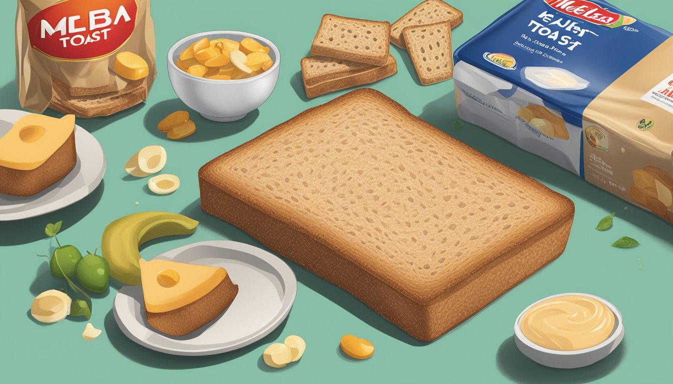 A package of Melba toast sits on a kitchen counter, surrounded by various food items. The expiration date is visible on the packaging