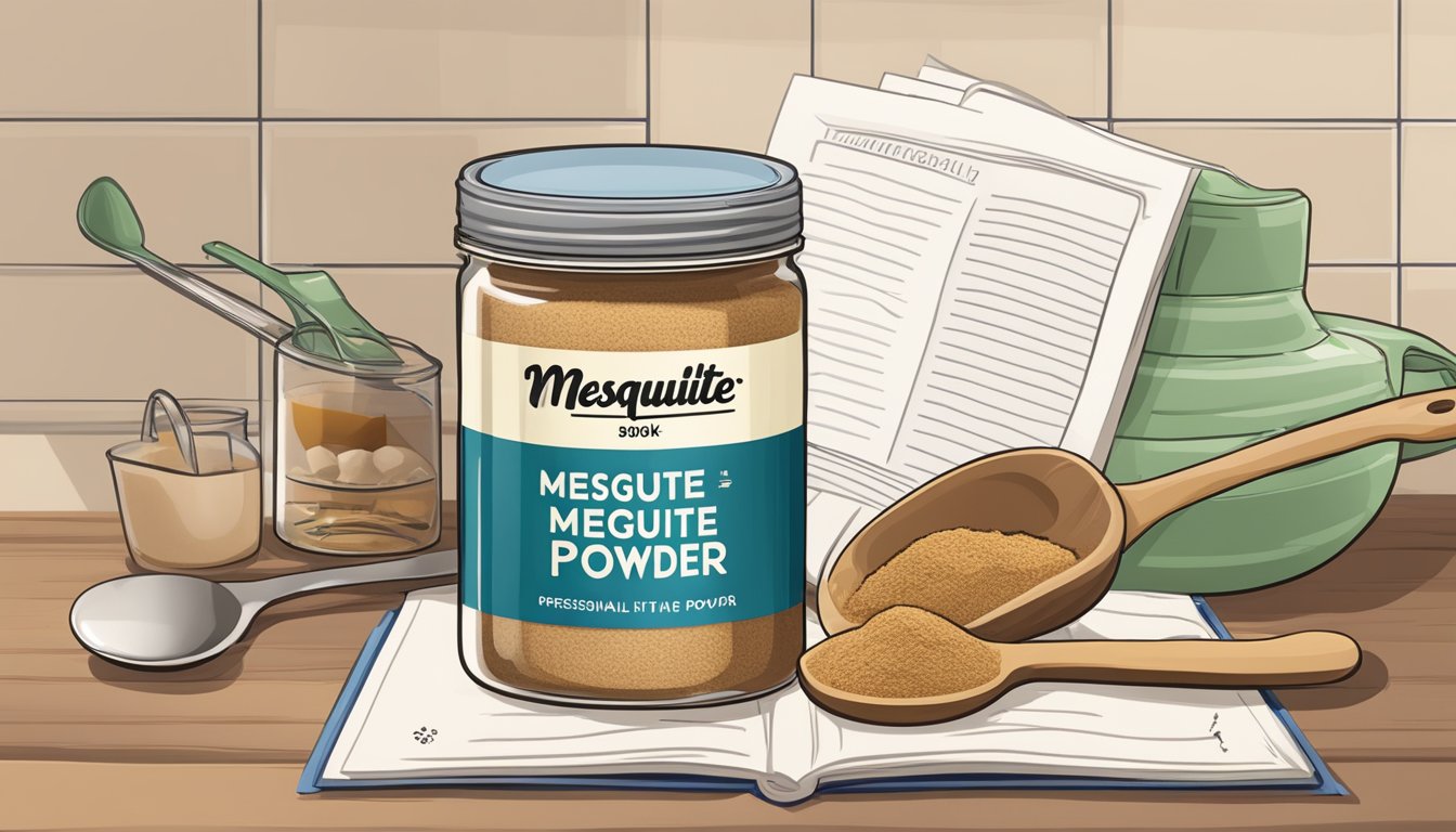 A jar of mesquite powder sits on a kitchen counter next to a measuring spoon and a recipe book