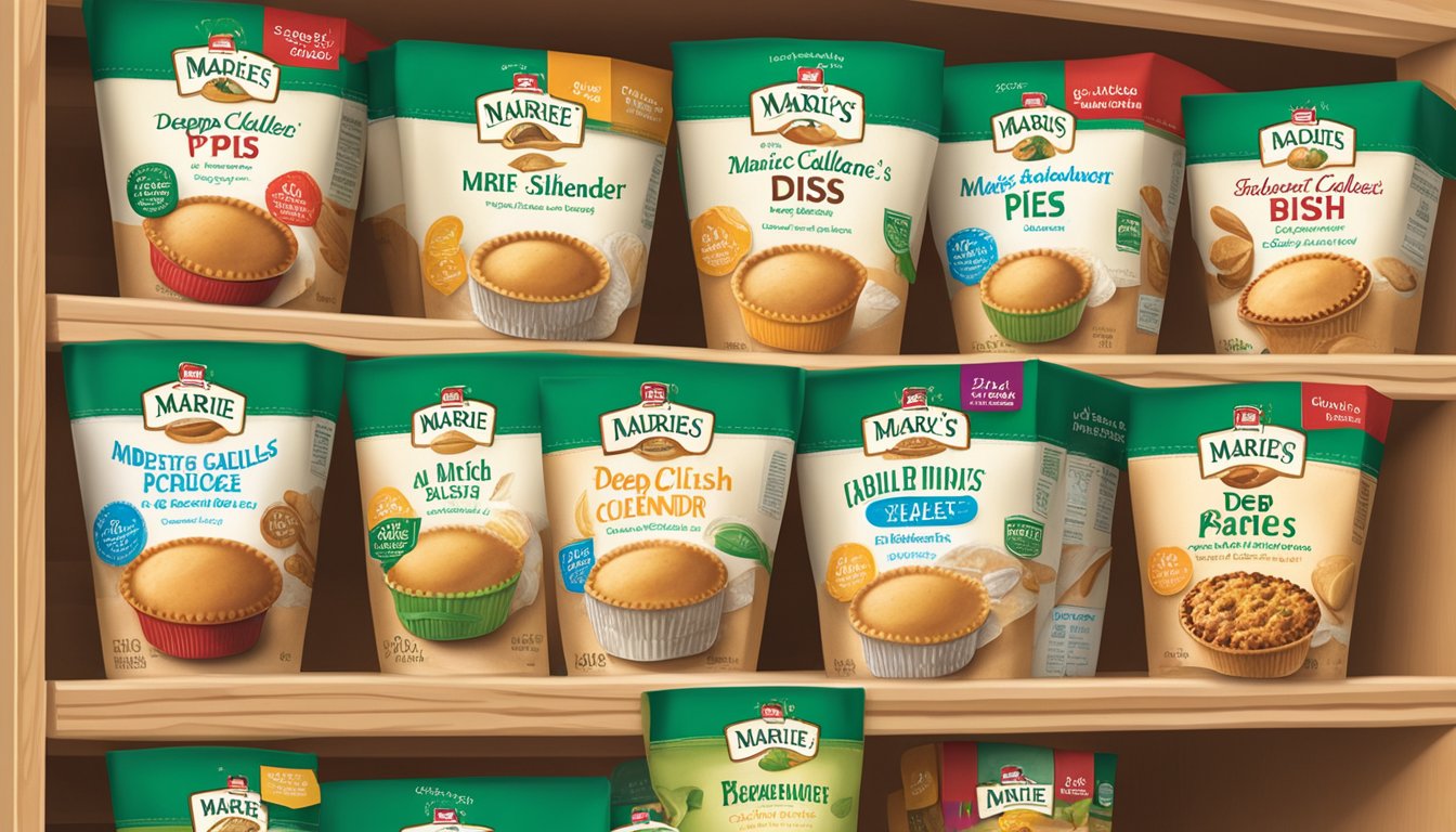 A package of Marie Callender's Deep Dish Pie Shells sits on a pantry shelf, surrounded by other baking ingredients. The packaging is intact and the shells appear fresh and ready to use