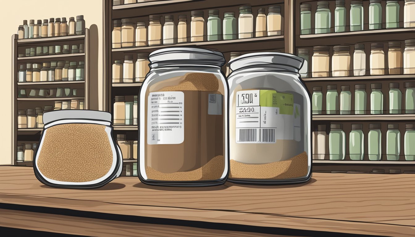 A jar of mesquite powder sits on a shelf, with a label indicating the expiration date. Nearby, a calendar shows the current date