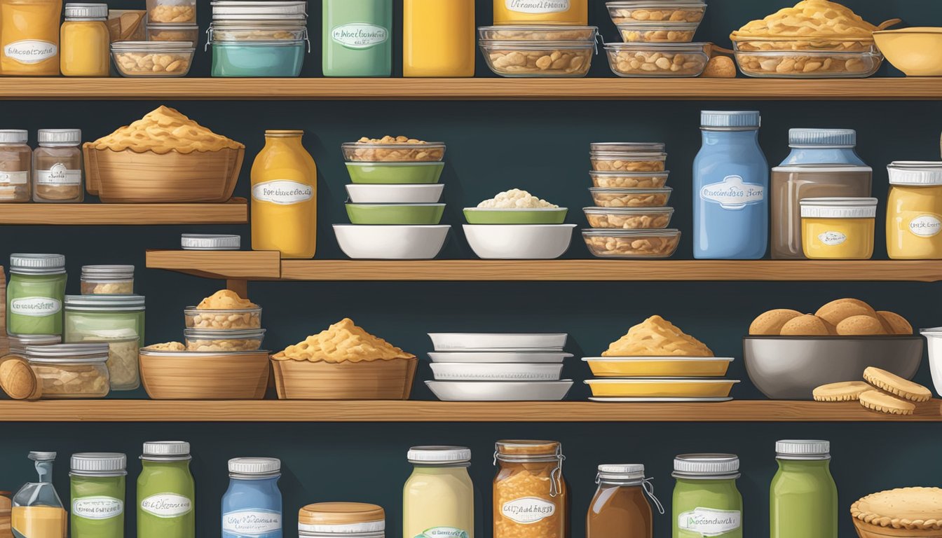 A pantry shelf with neatly stacked Marie Callender's Deep Dish Pie Shells, surrounded by other baking ingredients and supplies