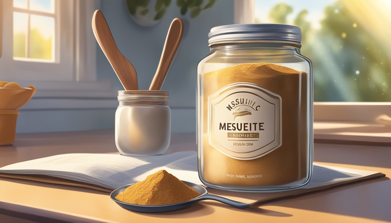 A jar of mesquite powder sits on a kitchen counter, next to a measuring spoon and a recipe book. Sunlight streams in through the window, casting a warm glow over the scene