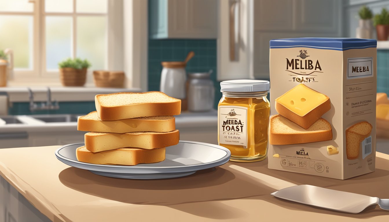 A box of Melba toast sits on a kitchen counter, next to a jar of jam and a block of cheese. The toast is perfectly crisp and golden