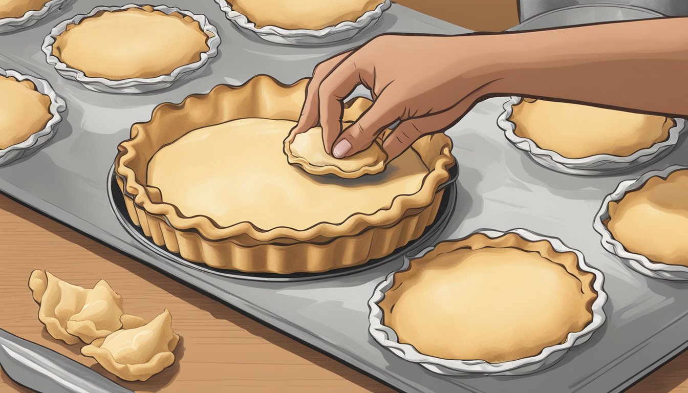 A hand placing a Marie Callender's Deep Dish Pie Shell onto a baking sheet