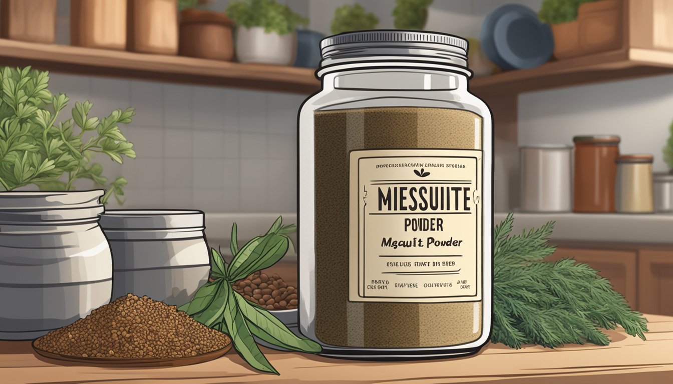 A jar of mesquite powder sits on a kitchen shelf, next to a row of spices and herbs. The label on the jar indicates the expiration date, which is still far in the future