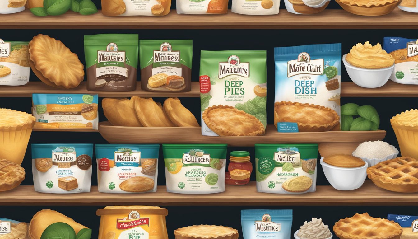 A kitchen pantry shelf with a package of Marie Callender's Deep Dish Pie Shells, surrounded by various baking ingredients and utensils