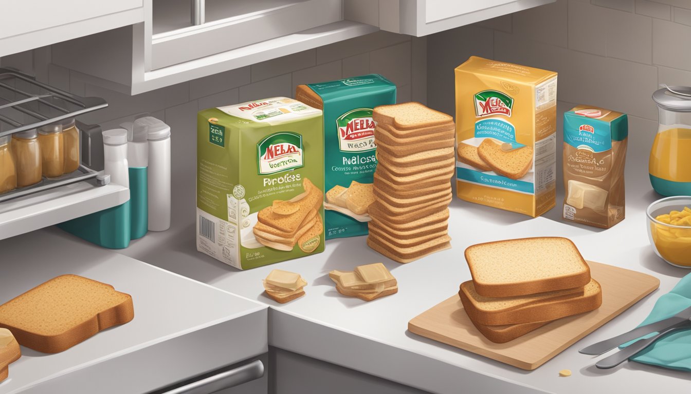 A sealed package of Melba toast sits on a clean, organized kitchen counter, surrounded by other pantry items